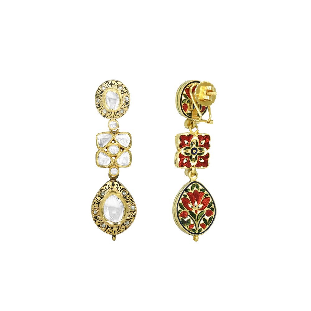 Polki Earrings with Teardrop Design in Partash work